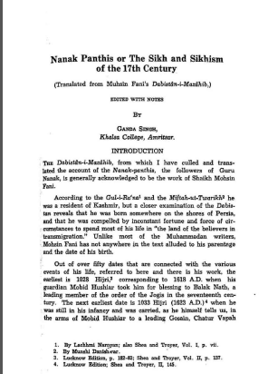 Nanak Panthis or The Sikhs and Sikhism of the 17th Century By Dr Ganda Singh