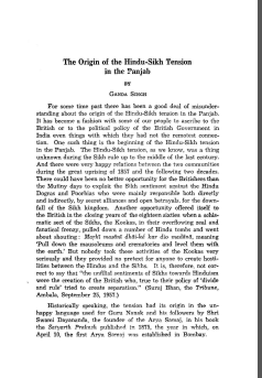 The Origin of the Hindu-Sikh Tension in the Panjab By Ganda Singh