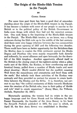 The Origin of the hindu Sikh Tension in The Punjab By Dr Ganda Singh