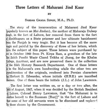 Three Letters Of Maharani Jind Kaur By Dr Ganda Singh